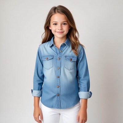 Young girl wearing a denim shirt in a neutral background