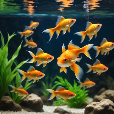 Goldfish swimming in a bright aquarium with plants