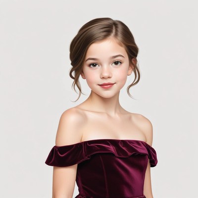 Young girl in elegant burgundy dress poses for portrait