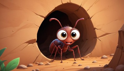 Friendly cartoon ant peeks out from its underground home