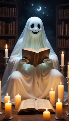 Ghost reading a book surrounded by candles at night