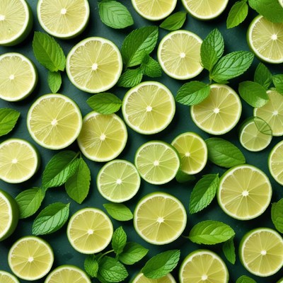 Fresh lime slices and mint leaves on green backdrop