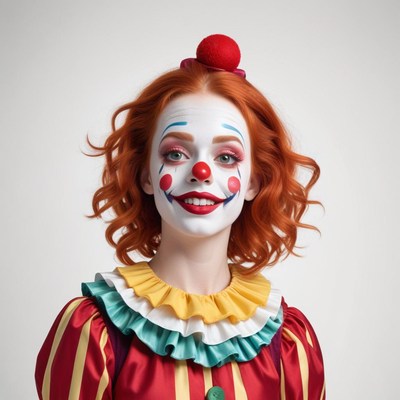 Clown with red hair and colorful outfit smiles cheerfully