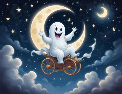 Happy ghost riding a cart in a starry night sky