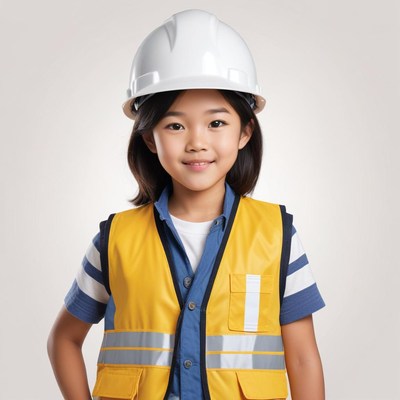Young girl wearing a construction outfit and hard hat