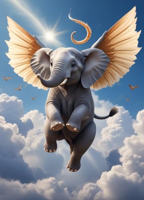 Elephant with wings soaring through a bright sky