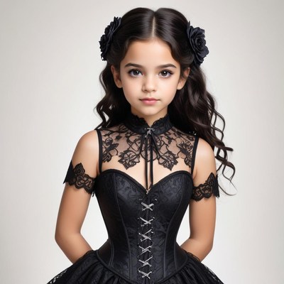 Young girl in elegant black dress with floral accents
