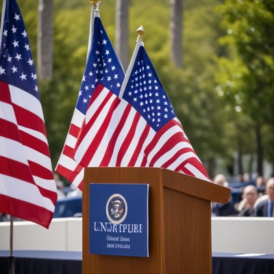 Ceremony with flags and podium at outdoor event