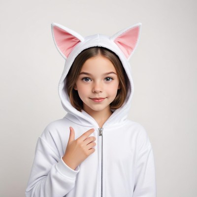 Girl in white hoodie with cat ears, smiling at camera