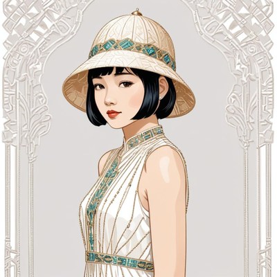 Model in elegant attire with a stylish hat posing gracefully