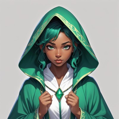 Green hooded character with striking green eyes