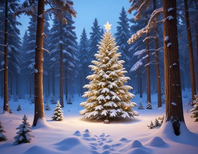 Snowy forest with a glowing christmas tree in evening light
