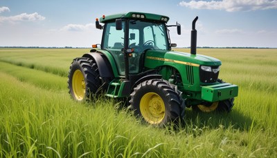Green tractor working in a lush field during daytime