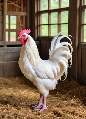White rooster standing proudly in a barn setting