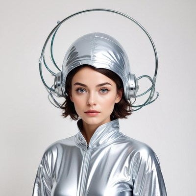 Futuristic model in silver attire poses for a photo