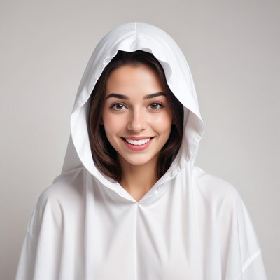 Young woman smiling in a white hooded garment