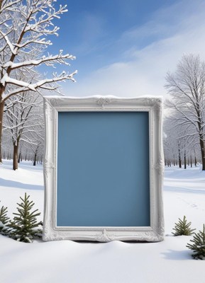 Winter landscape with an empty frame in the snow