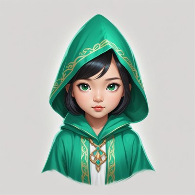 Young girl in a green cloak with a hood and enchanting eyes