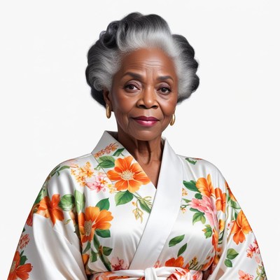 Elegant woman in floral kimono posing with grace