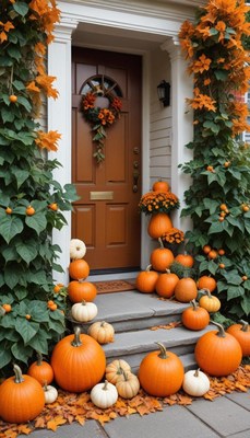 Festive autumn entrance with pumpkins and fall decor