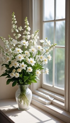 Fresh white flowers in a vase by the sunny window