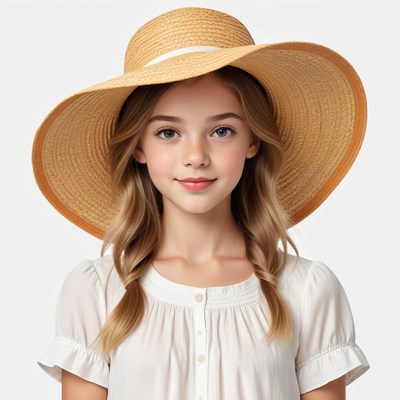Young girl poses in wide-brimmed hat during sunny day