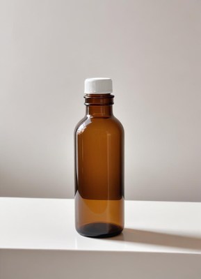 Stylish amber bottle on a clean surface