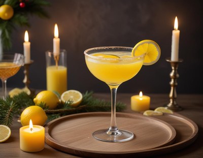 Bright lemon cocktail with candles and fresh lemons