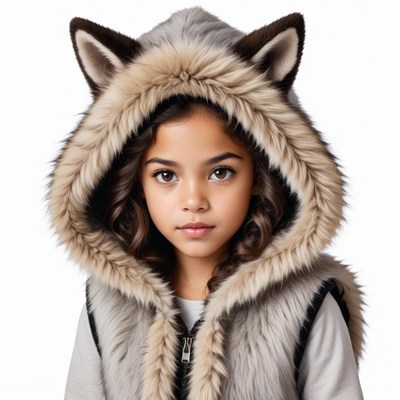 Young child wearing a wolf-themed hoodie during winter