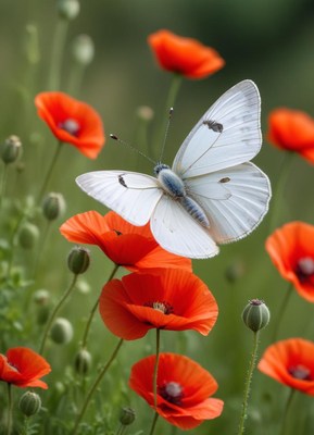 Butterfly flutters above vibrant red poppy flowers