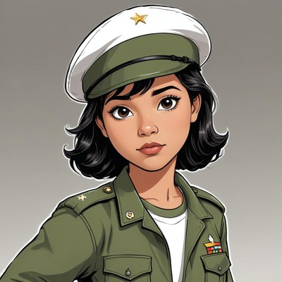 Young girl in military uniform with a cap