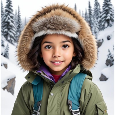 Smiling girl in winter attire against snowy backdrop