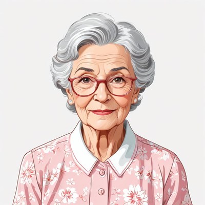Elderly woman with glasses in a floral blouse smiling warmly