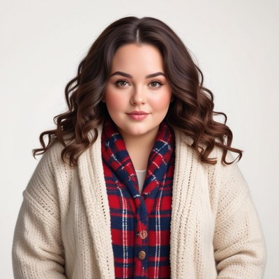 Confident woman in cozy outfit with natural makeup