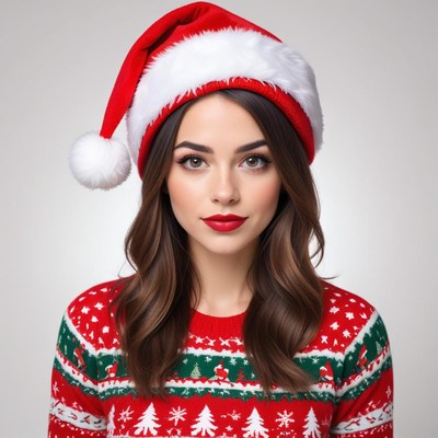 Smiling woman in festive winter attire with santa hat