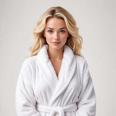 Beautiful woman in cozy white robe poses confidently