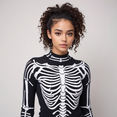 Model poses in skeleton outfit for a themed shoot