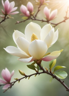 Beautiful magnolia flowers in spring bloom at sunrise