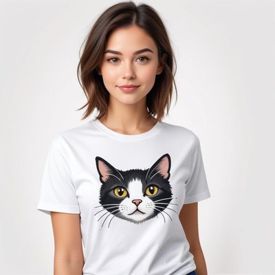 Black and white cat design on casual t-shirt