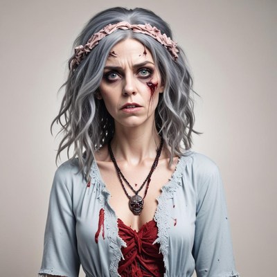 Haunting scene of a zombie woman with gray hair