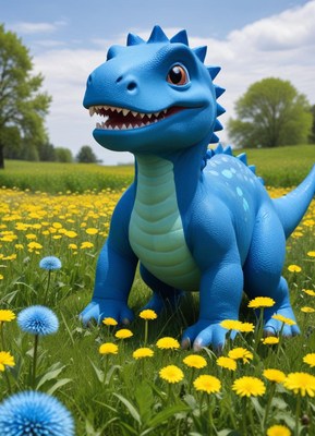 Bright blue dinosaur toy in a flower-filled meadow
