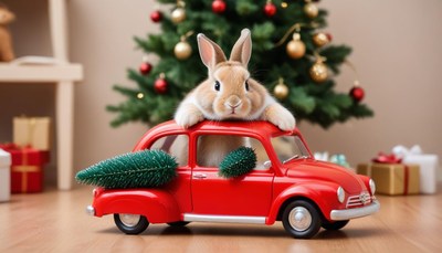 Cute rabbit riding in a toy car with a christmas tree