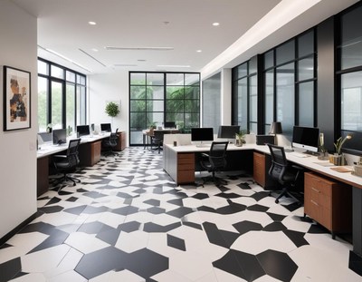 Modern office space with black and white design elements