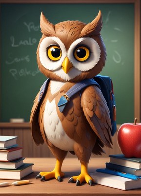 Cute owl with backpack in a classroom setting