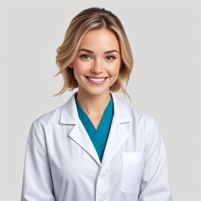 Young female doctor smiling in a white coat
