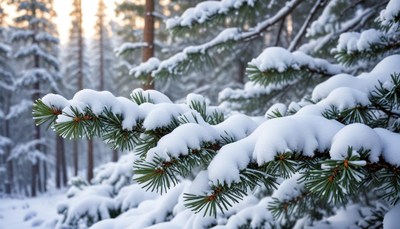 Snow-covered pine branches in a winter forest scene