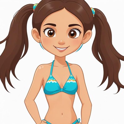 Cartoon character smiling in blue swimsuit with ponytails