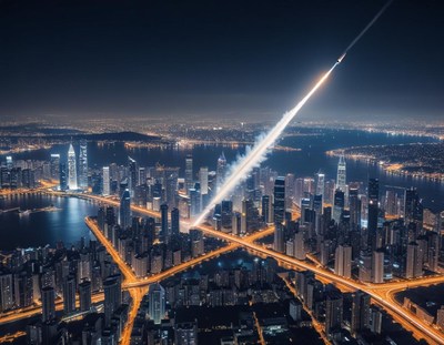 Rocket launch illuminates the city skyline at night