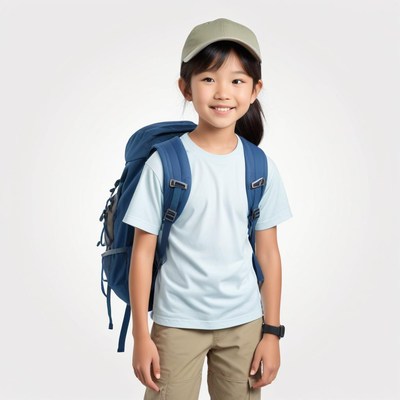 Smiling child ready for adventure with backpack and cap