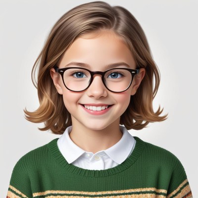 Smiling girl with glasses wearing a green sweater